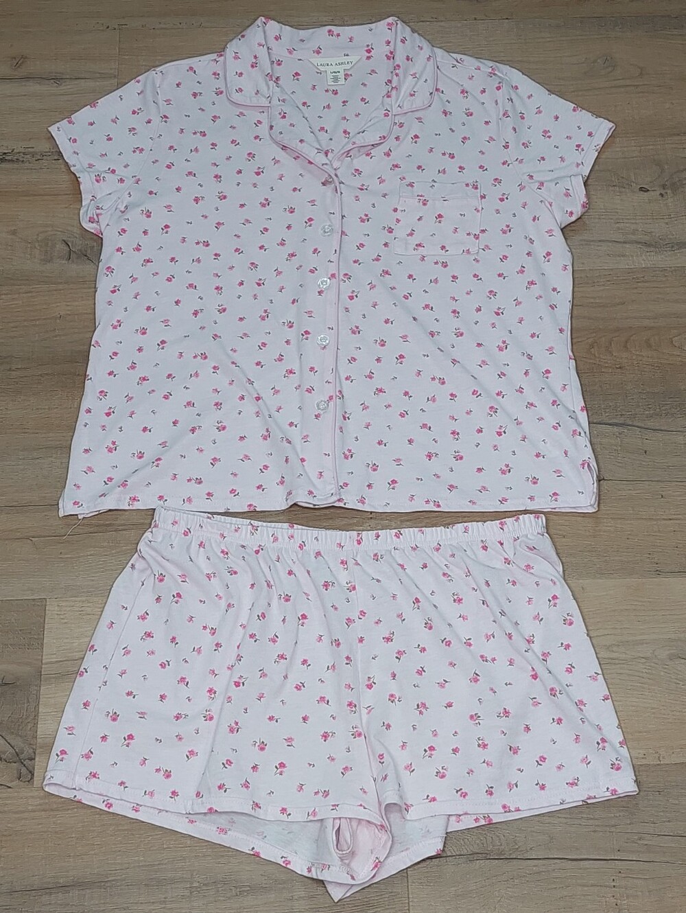 Laura Ashley Pink Floral Short Sleeve Button Up PJ Short Set.